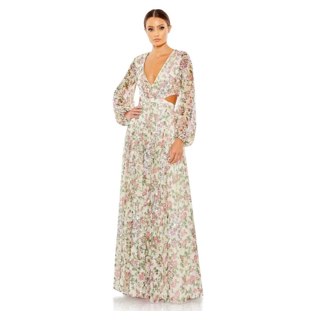 Mac Duggal 93746 Sheer Floral Maxi Gown Corset Back Size 0 NWT $798